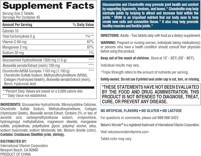 Nature's Wonder Triple Strength Glucosamine & Chondroitin with MSM and Hyaluronic Acid and Boswellia for Joint Health, Supports Joint Flexibility and Mobility, 45 Day Supply, 90 Tablets