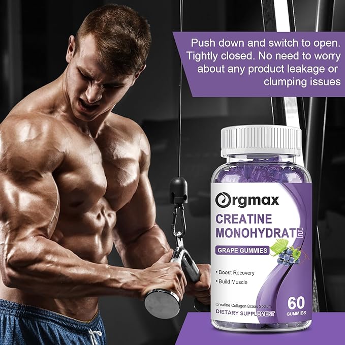 Creatine Monohydrate Gummies, Delicious Grape Flavored for Men & Women, Enhanced with Collagen & BCAA, Easy-to-Swallow Chews for Muscle Strength, Energy Boost, Pre-Workout Supplement(2 Pack)