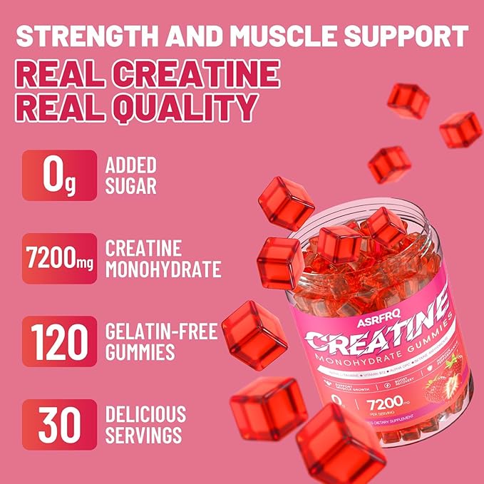 Creatine Monohydrate Gummies for Men & Women 120 CT - 7200mg of Creatine Monohydrate per Serving, Chewable Creatine Monohydrate for Muscle Support & Energy Boost, Sugar Free, Vegan (Strawberry Flavor)