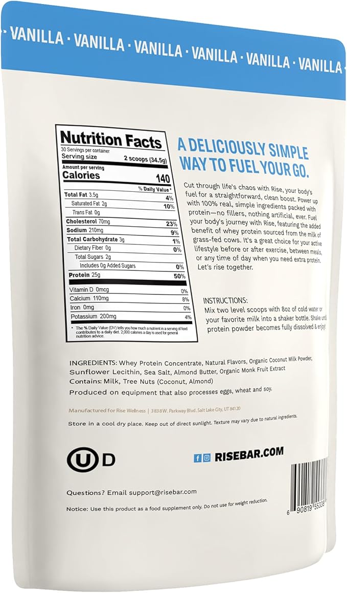 Rise Grass-Fed Whey Protein Powder - Vanilla | 25g Protein No Artificial Flavors, Colors, or Preservatives - Sugar Free, Gluten-Free, Soy Free (2.3 lbs)