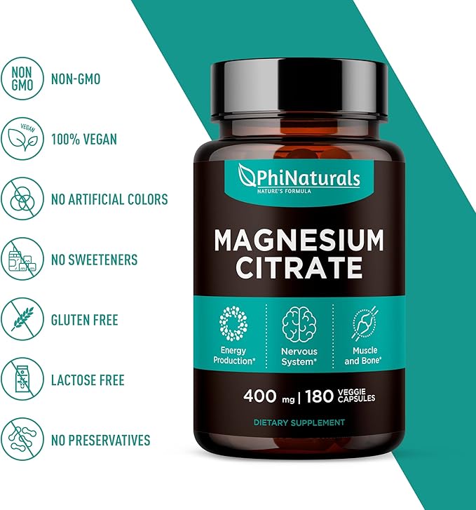 Magnesium Citrate Powder Capsules 400mg - 180 Count Veg Caps - PhiNaturals Supplements - Nervous System Support and Enzyme Function