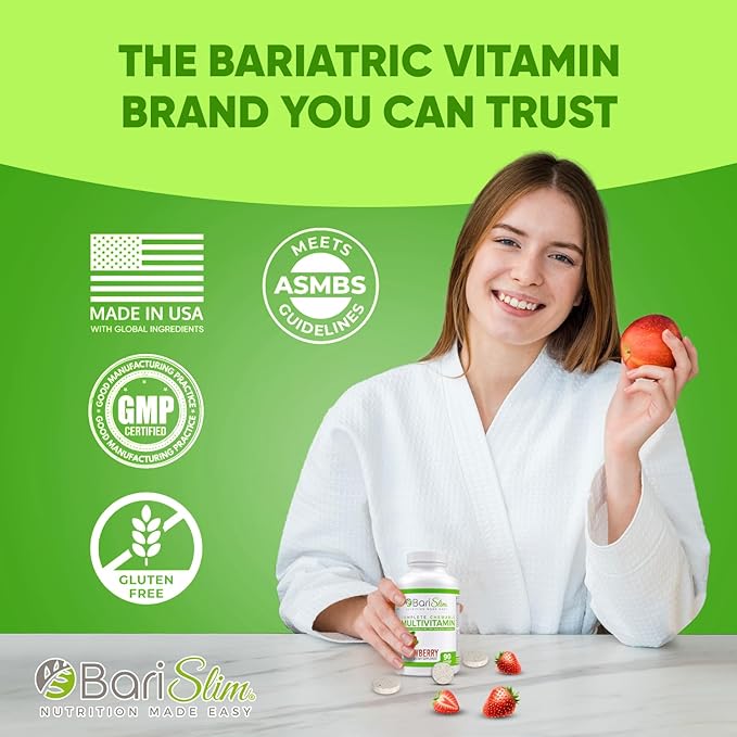 BariSlim Chewable Bariatric Multivitamin - 45mg Iron - Tailored for Post Bariatric Surgery, Including Gastric Bypass & Gastric Sleeve - Support Your Recovery Journey | Strawberry Flavor