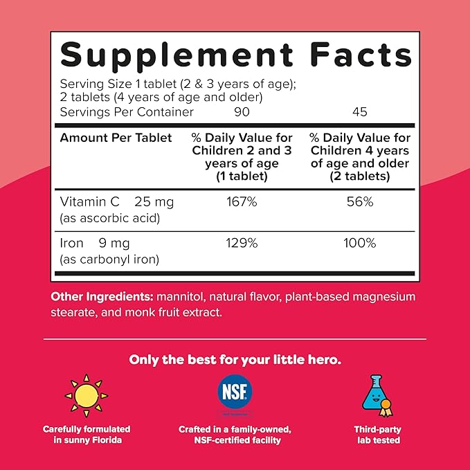 Renzo's Iron Supplements for Kids - Dissolvable Vegan Iron Supplement with Vitamin C - Sugar Free, Oh-Oh-Oh Orange Flavor, 90 Melty Tabs