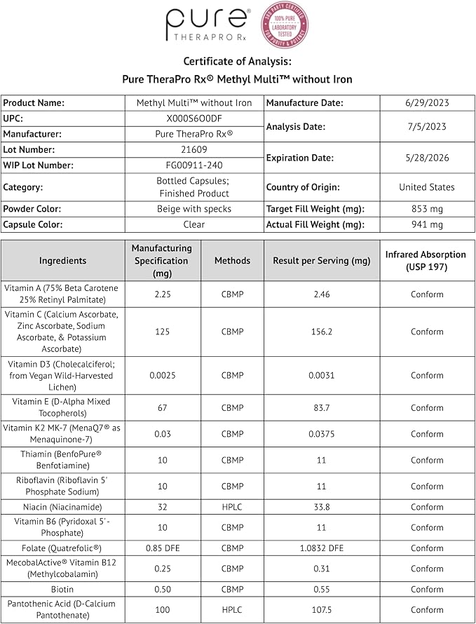 Methyl Multi Without Iron Methylated Multivitamin for Men & Women, 60-Day Supply | Methyl B12 & Methylfolate (5-MTHF) for MTHFR Support | Pharma Grade Multivitamin & Multimineral For Health, 120 Caps
