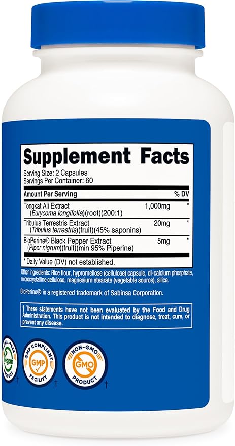 Nutricost Tongkat Ali 1,000mg 120 Capsules - with Tribulus Terrestris and BioPerine, Vegetarian Caps, Non-GMO, Gluten Free, Potent Extract