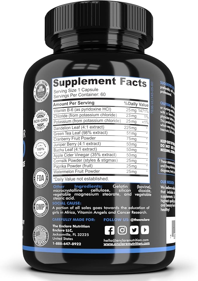 THE ENCLARE NUTRITION Water Pills Diuretic Water Retention, Liver Detox, Kidney Cleanse, Weight, Swelling, Edema, Bloating Relief, Fluid Balance Watershed Max Strength (1)