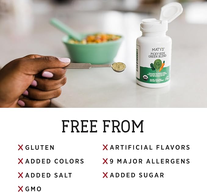 Matys Organic Picky Kids Green Blend, Veggie Powder Supplement, Picky Eater Vitamins for Kids 4 Years +, Superfoods Vegetable Powder for Meals & Smoothies with Spinach, Kale, Broccoli, 1.6 Ounces