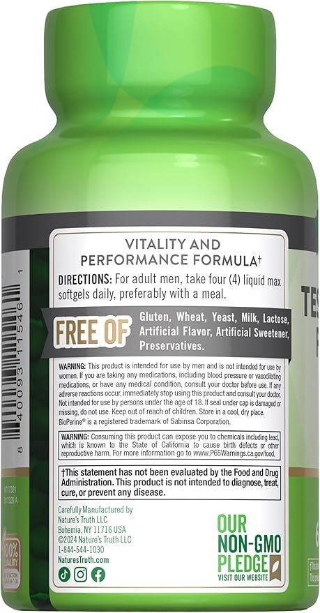 Nature's Truth Testosterone Supplement for Men | 60 Softgels | Non-GMO and Gluten Free Formula