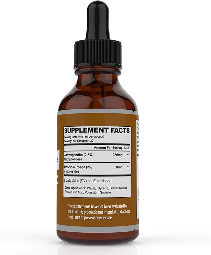 Ashwagandha Liquid Drops - Ashwagandha Supplements with Rhodiola Rosea Tincture - Organic Ashwagandha Root Extract for Mood and Energy - Supplement for Men & Women