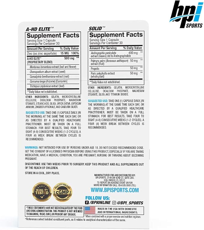 BPI Sports A-HD Elite/Solid (30 Capsules) – Men’s Testosterone Booster – Healthy Muscle, Strength, & Performance Support – Promotes Natural Fat Loss & Libido – 30 Servings – 550mg