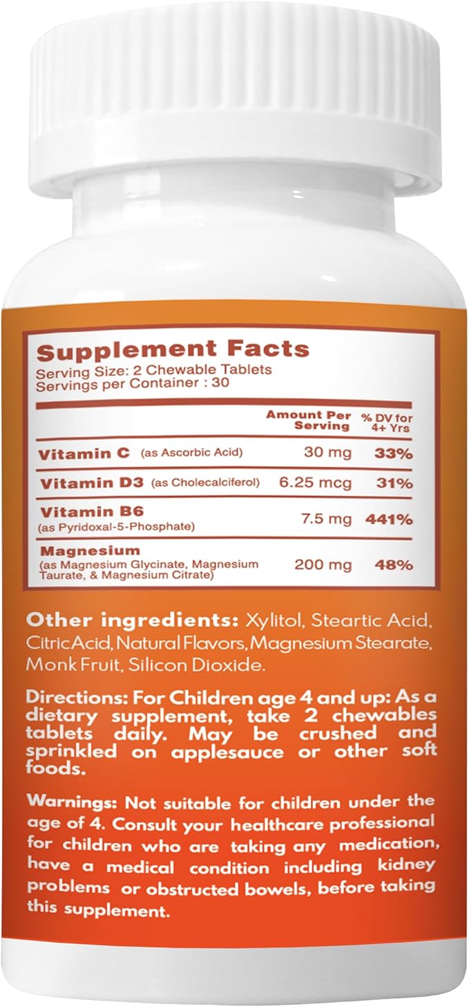 Chewable Magnesium for Kids, Relaxation and Calm Formula, Glycinate, Citrate, Taurate, Vitamin B6, D, C, Natural Apple Flavor, Sugar Free, Gluten Free, Non-GMO, 60 Chewable Tablets