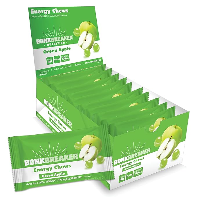 Bonk Breaker Energy Chews, Dairy-Free, Gluten-Free Ingredients to Provide Quick Energy and Focus, 1 Box of 10 Packets, Green Apple