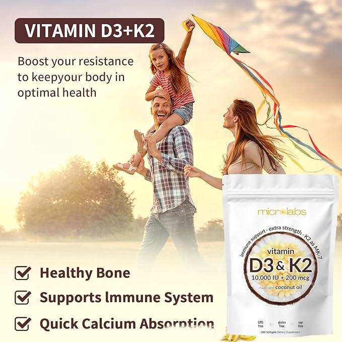 Microlabs D3 K2, Vitalboost Vitamin D3 K2 Supplement Softgels, 2-in-1 Vitamin D3 K2 Supplement Softgel, 10000 Iu VIT D3 + 200 Mcg Vitamin K2, Free of GMO, Gluten, Aiding in Calcium Absorption (180)