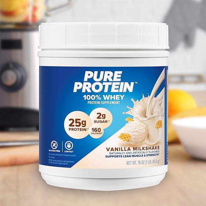Pure Protein Powder, Whey, High Protein, Low Sugar, Gluten Free, Vanilla Cream, 1 lb