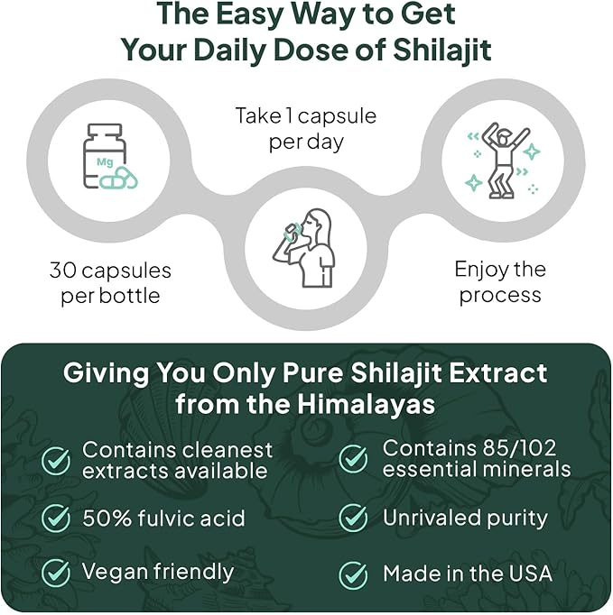 One-Per-Day Shilajit for Men and Women - Natural Shilajit Supplement for Age-Defying, Bone Strength, Hormone Support and More - 30 Shilajit Capsules