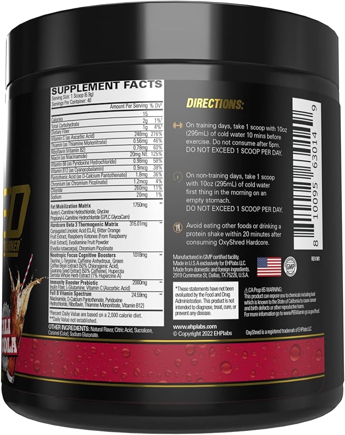 EHP Labs OxyShred Hardcore Super Dosed Pre Workout Powder - Preworkout Powder with L Glutamine & Acetyl L Carnitine, Energy Boost Drink - 275mg of Caffeine - Cali Cola, 40 Servings