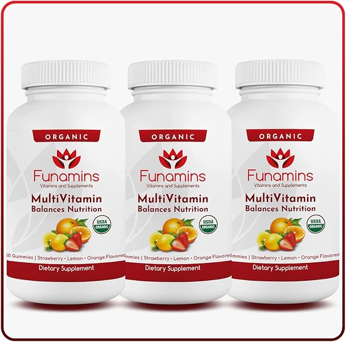 Organic Gummy MultiVitamins, 3-Pack, 60 Count Each; Blend of 11 Essential Nutrients, for Kids and Adults, Vegan, Assorted Strawberry, Lemon, Orange Flavors