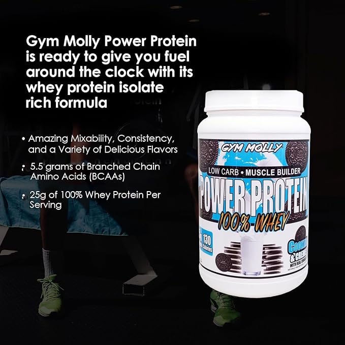 Gym Molly Power Protein Powder, 100% Whey Protein Isolate, 25g of Protein, 5.5g BCAAs, Fast Absorbing - Ready to Give You Fuel Around The Clock - 2lbs, Cookies & Cream Flavored