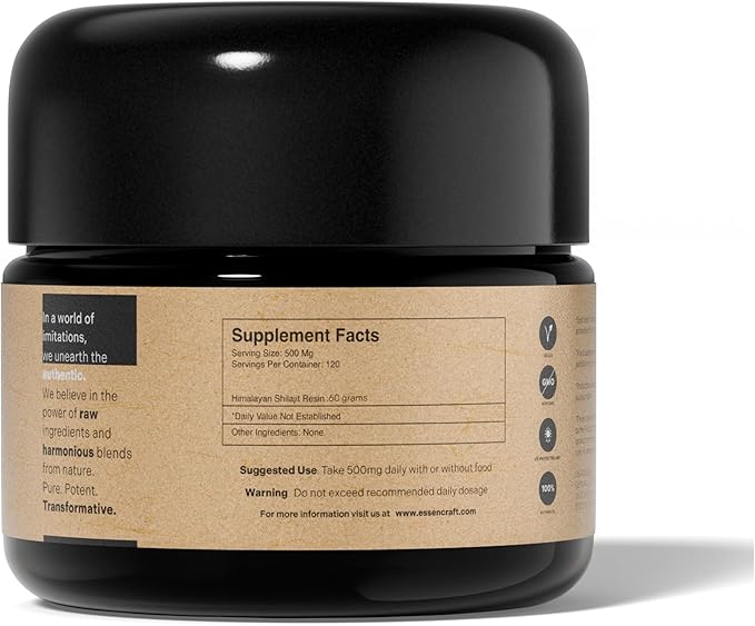 Pure Himalayan Organic Shilajit Resin - 500mg Max Potency, 85+ Trace Minerals, Humic & Fulvic Acid, Natural Shilajit Supplement for Immune Support, Energy & Cognitive Performance, 4 Month Supply, 60g