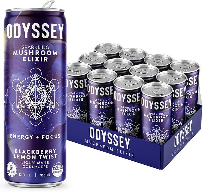 Odyssey Elixir Functional Beverage - Adaptogen Drink with Lions Mane, Cordyceps, L Theanine & Green Tea Caffeine - for Cognition, Energy & Mood Boost - 0 Added Sugar - Blackberry Lemonade - 12 Pack