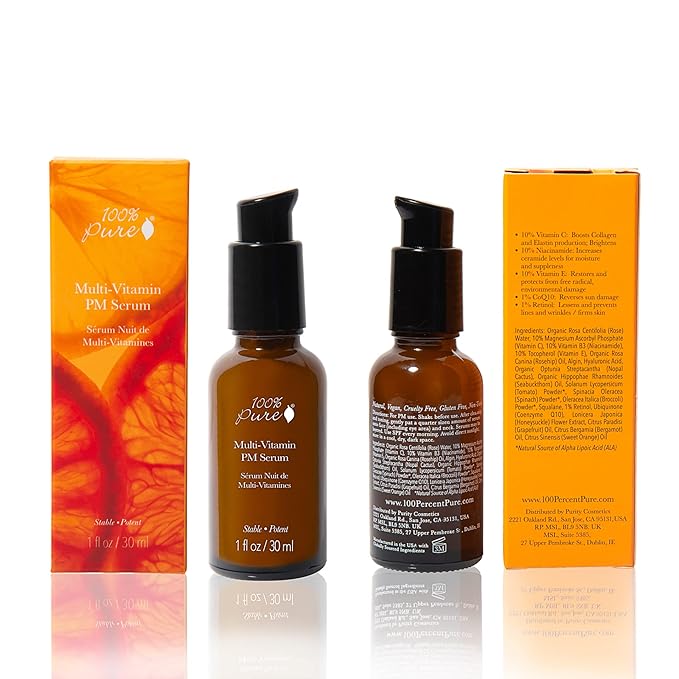 100% PURE Multi-Vitamin PM Face Serum Anti-Aging Night Moisturizer Feeds Thirsty Skin with Retinol & Potent Antioxidants from Vitamin C Nightly Facial Skincare Restore & Rejuvenation - 1 Fl Oz