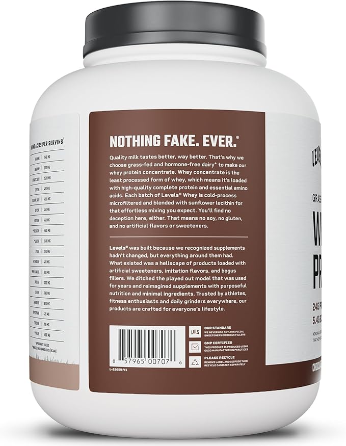 Levels Grass Fed Whey Protein Powder, No Artificials, 24G of Protein, Chocolate Mocha, 5LB