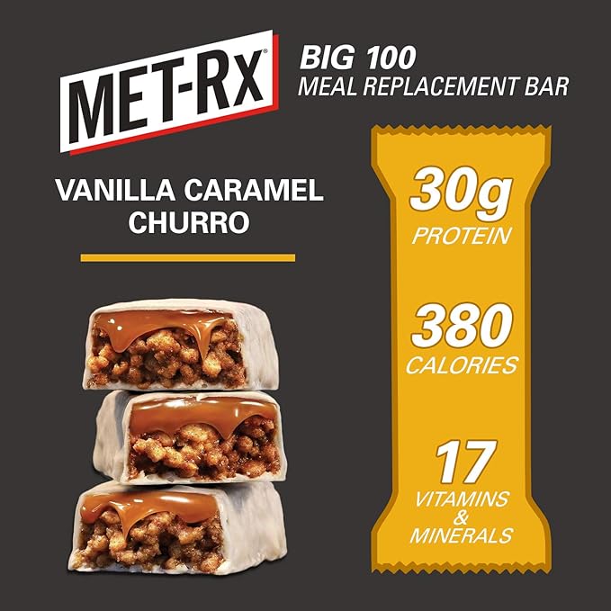 MET-Rx Big 100 Colossal Protein Bars, Vanilla Caramel Churro Meal Replacement Bars, Brown, 9 Count