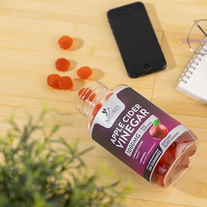 Nature's Nutrition Apple Vinegar Gummy for Weight Loss 1000mg - Vegan Apple Cider Vinegar Gummies for Detox & Cleanse, ACV Supplement Pills, Vitamin B12, Beetroot & Pomegranate, Non-GMO - 120 Gummies