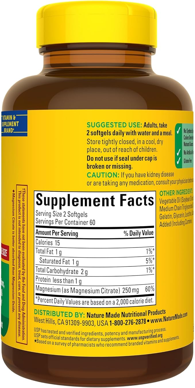 Nature Made Magnesium Citrate 250 mg per serving, Magnesium Supplement for Muscle, Nerve, Bone and Heart Support, 120 Softgels, 60 Day Supply