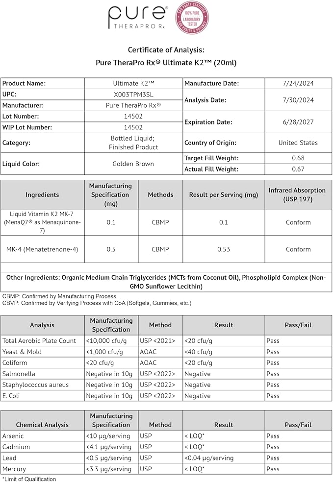 Pure Therapro Rx Ultimate K2 Supplement | Liquid Liposomal Vitamin K2 Drops | 180 Serving | 600mcg Vegan K2 as MK4 & MenaQ7 MK7 | Supports Bone Health, Heart Health, Skin & Hair | 20 mL
