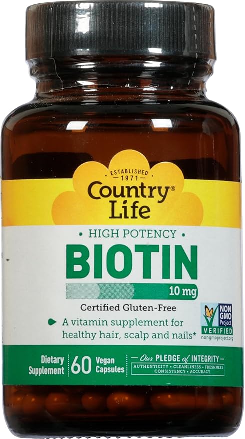 Country Life Vitamins High Potency Biotin 10,000 mcg (10 mg), 60 Count - Supplement for Hair, Scalp & Nails - Certified Gluten Free