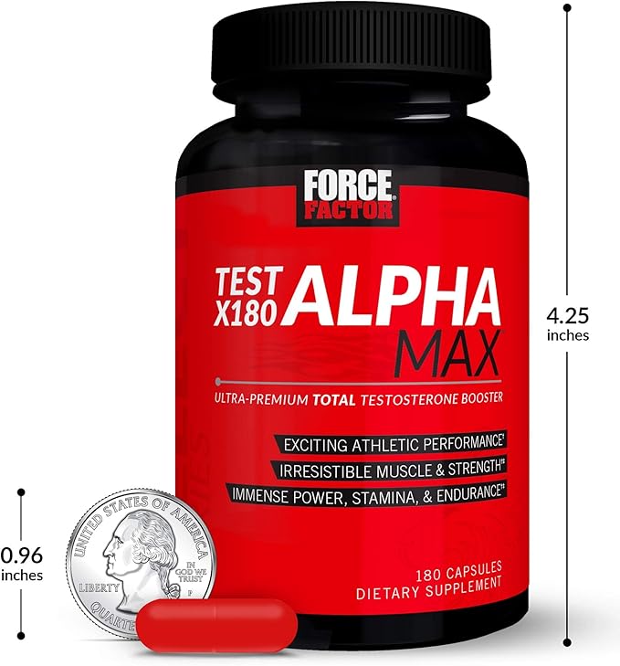 FORCE FACTOR Test X180 Alpha Max Total Testosterone and Nitric Oxide Booster for Men with Fenugreek Seed and Tribulus to Increase Blood Flow and Improve Male Athletic Performance, 180 Capsules