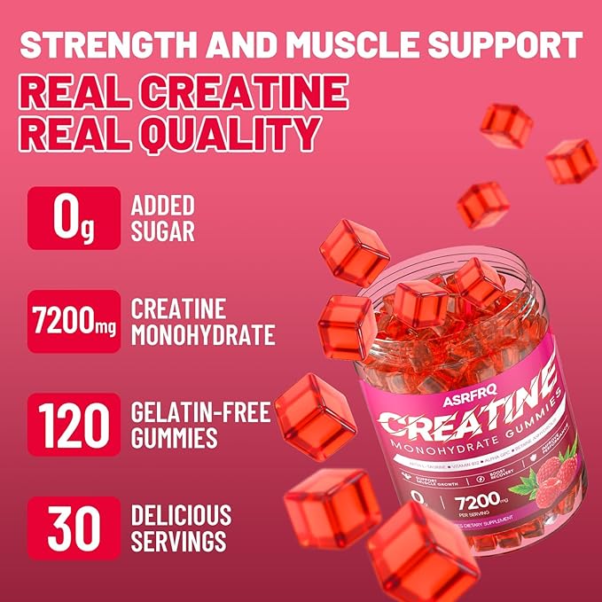 Creatine Monohydrate Gummies for Men & Women 120 CT - 7200mg of Creatine Monohydrate per Serving, Chewable Creatine Monohydrate for Muscle Support & Energy Boost, Sugar Free, Vegan (Raspberry Flavor)