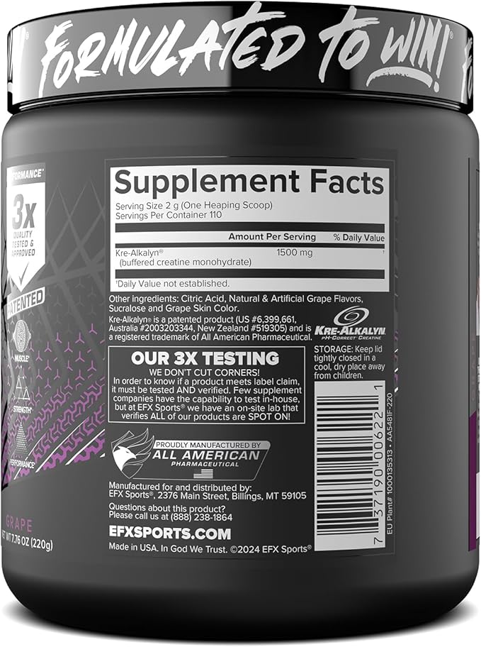 EFX Sports Kre-Alkalyn EFX Powder | pH Correct Creatine Monohydrate Powder Supplement | Strength, Muscle Growth & Performance | 110 Servings (Grape)
