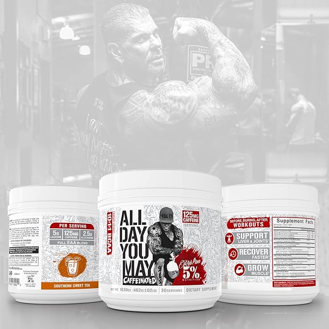 5% Nutrition Rich Piana AllDayYouMay Caffeinated BCAA Energy Powder | Premium Pre Workout Amino Energy & Electrolytes | Hydration, Endurance & Recovery | 16.3 oz, 30 Servings (Southern Sweet Tea)