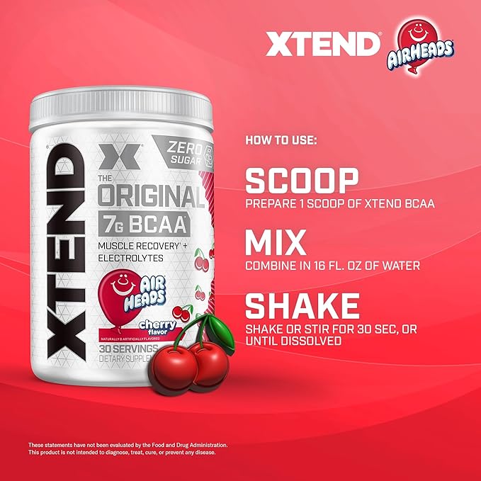 Xtend XTEND Original BCAA Powder Airheads Candy Flavor, 7g BCAA and 2.5g L-Glutamine, Sugar Free Post Workout Muscle Recovery Drink with Amino Acids for Men & Women, 30 Servings