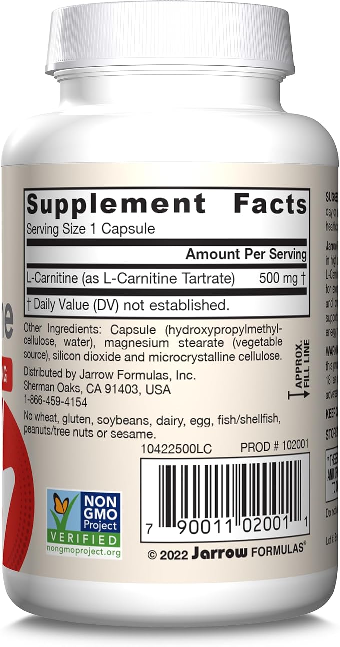Jarrow Formulas L-Carnitine 500 mg, Dietary Supplement, Support for Cellular Energy Production, 50 Veggie Capsules, 50 Day Supply