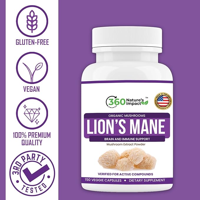 360 Nature's Impact Lions Mane Mushroom Supplement Capsules (150 Capsules) for Brain Health Support Supplement, Organic Supplement with Beta-Glucans & Hypromellose for Cognitive System