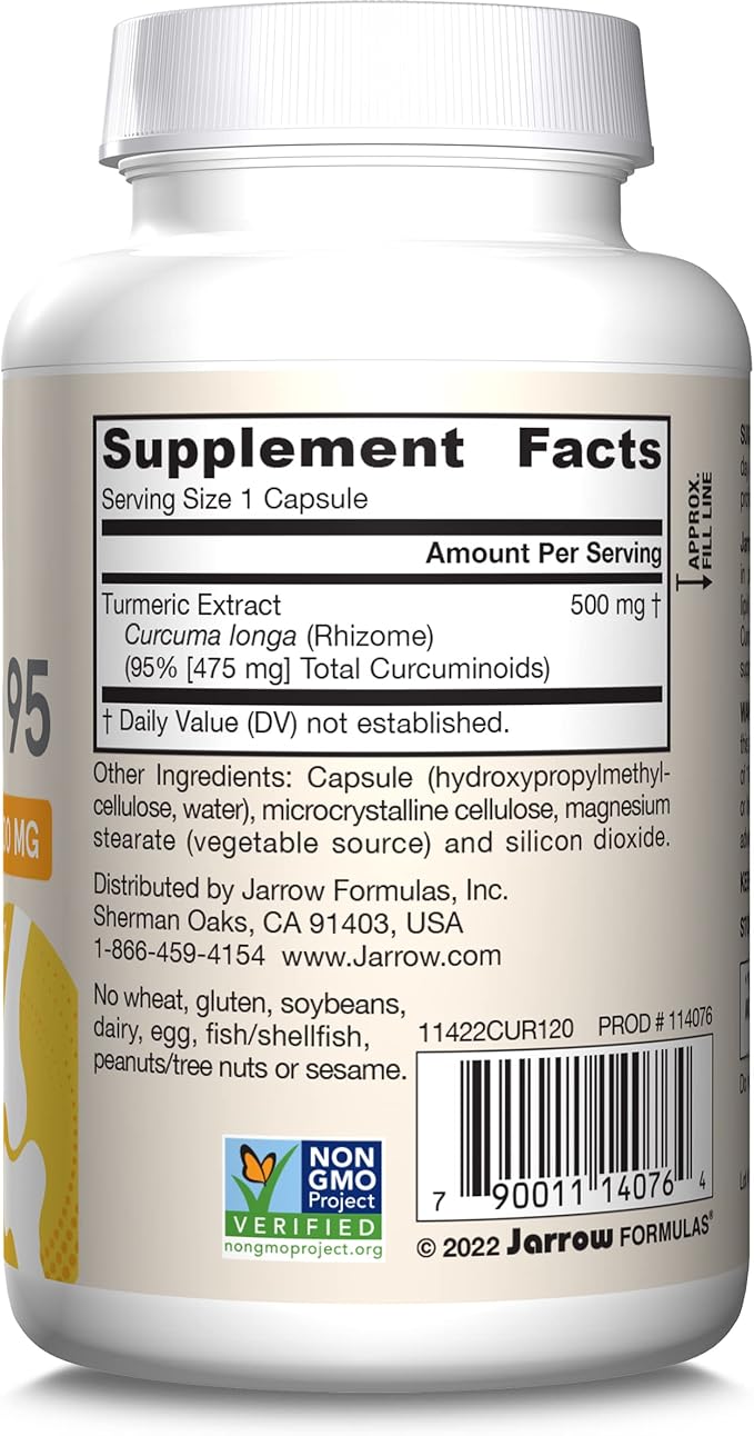 Jarrow Formulas Curcumin 95 500 mg, Turmeric Curcumin Extract for Antioxidant Support, Bone and Joint Support Dietary Supplement, 120 Veggie Capsules, Up to 120 Servings