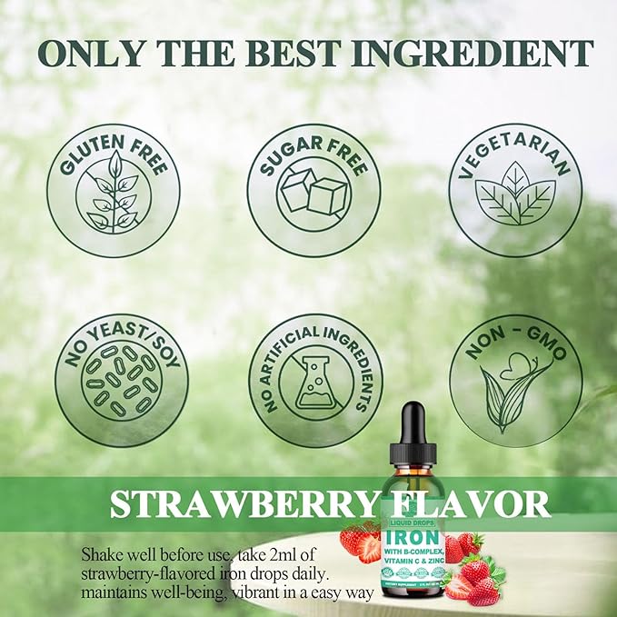 Liquid Iron Supplement w/Vitamin C, B-Complex, High Potency Iron Liquid w. Multivitamin, Vegan Iron Drops for Women, Kids, Chelate Liquid Iron Supplement for Anemia, Fatigue, Red Blood Cell Support