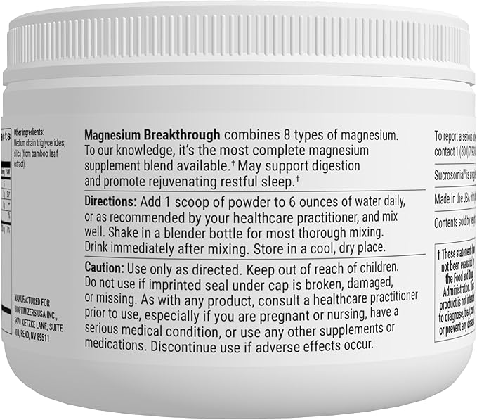 BiOptimizers Magnesium Breakthrough Drink Unflavored - 8 Forms of Magnesium: Glycinate, Malate, Citrate, and More - Natural Sleep Supplement – 6 oz (30 Servings)