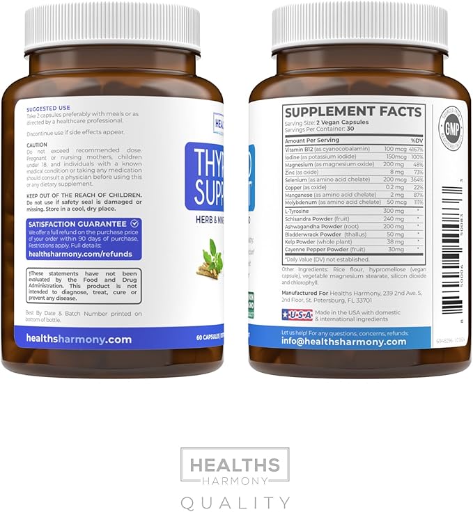 Thyroid Support with Iodine (Non-GMO) Improve Your Energy & Mood - Metabolism Booster for Weight Loss - Thyroid Health Supplement for Women and for Men - Ashwagandha, Zinc, B12 Complex - 60 Capsules