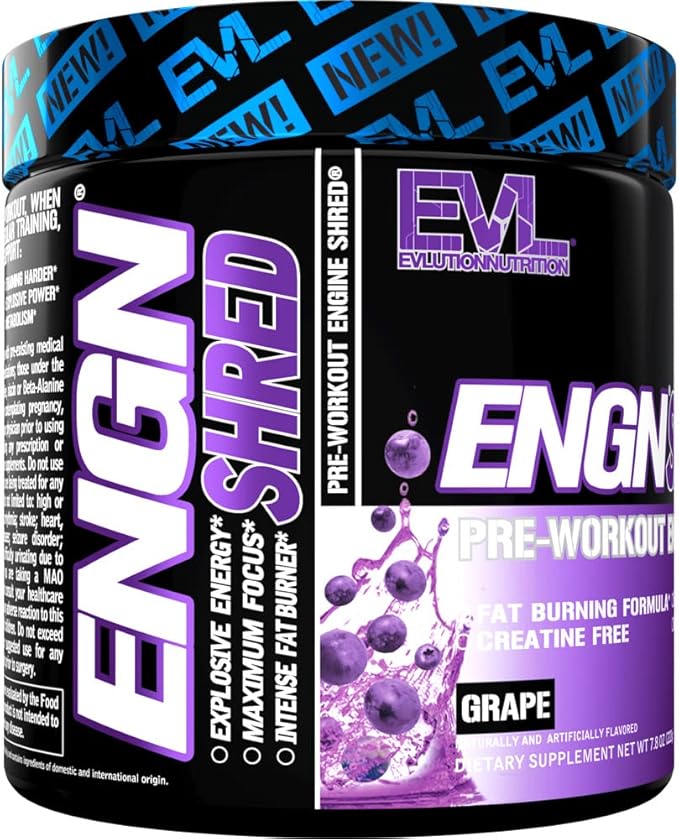 EVL Ultimate Pre Workout Powder - Thermogenic Fat Burn Support Preworkout Powder Drink for Lasting Energy Focus and Stamina - ENGN Shred Intense Creatine Free Preworkout Drink Mix - Grape
