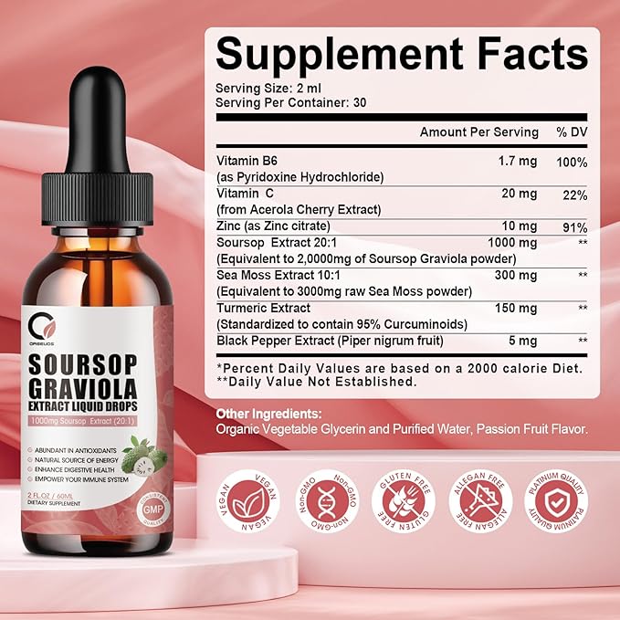Soursop Graviola Liquid Drops - 1000 mg Soursop Extract Plus 300 mg Sea Moss, Soursop Bitters Liquid for Cell Regeneration, Immune Boost, Relax, Antioxidant, Energy - 2 Fl Oz