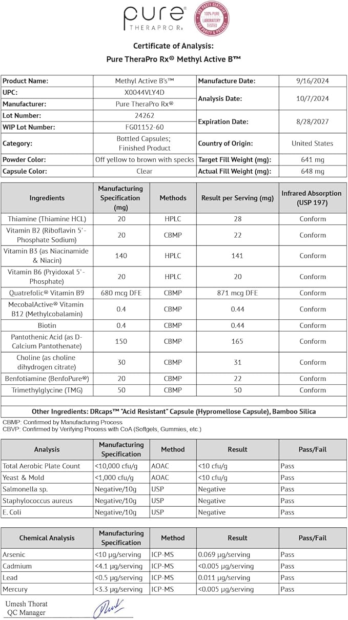 Pure Therapro Rx Methyl Active B Vitamins for Men and Women | Methylated Vitamins Including Methyl B12, Methylfolate, Benfotiamine, Choline, Niacin, TMG & More | 60 Vegetable Capsules