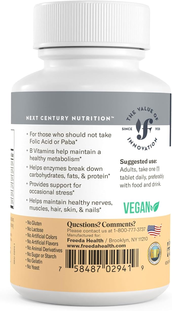 Freeda Vitamin B Complex No Folic No PABA - Super B Complex Kosher Vitamin Supplement with Vitamin B1 Vitamin B2 Vitamin B3 Vitamin B5 Vitamin B6 Vitamin B12 - Vit B Complex B for Women & Men (100 Ct)