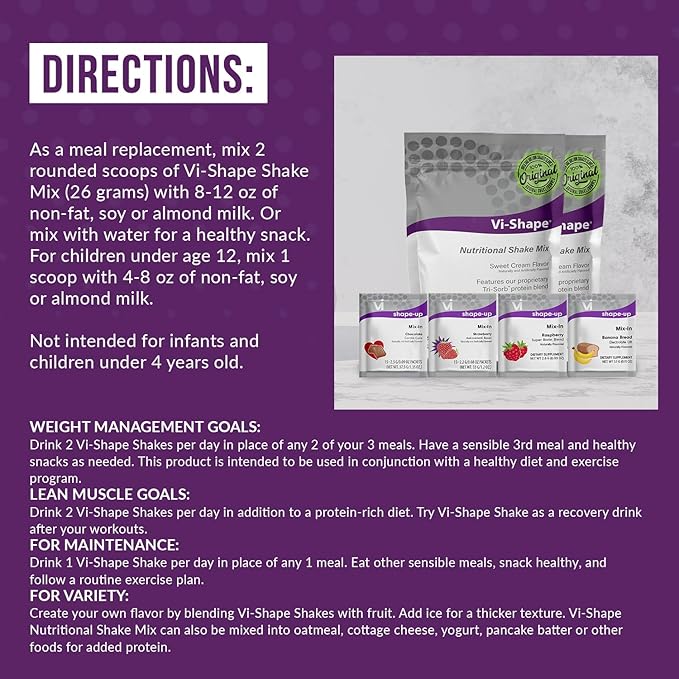 Vi-Shape Four Flavor Transformation Kit - 2 Shake Pouches (48 Servings) + 1 Box Chocolate Mix-In + 1 Box Strawberry Mix-In + 1 Box Banana Bread Mix-In + 1 Box Raspberry Mix-In