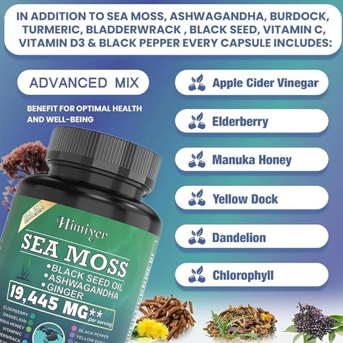 2pcs, Ultimate Wellness Bundle - Boost Energy, Immunity & Brain Function with 7000mg Sea Moss, 4000mg Black Seed Oil, 2000mg Ashwagandha, 9000mg Ginger & Shilajit, Vegan-Friendly Supplement