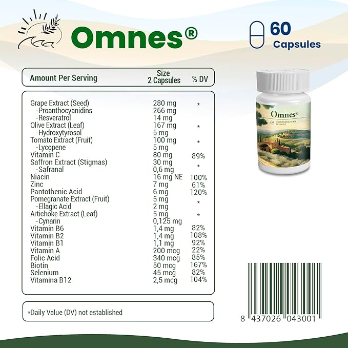 Omnes | Complete Multivitamin | Natural Extracts from Premium Mediterranean Diet Ingredients | +12 Vitamins and Minerals | Nutrition, Antioxidants, Energy | 60 Capsules