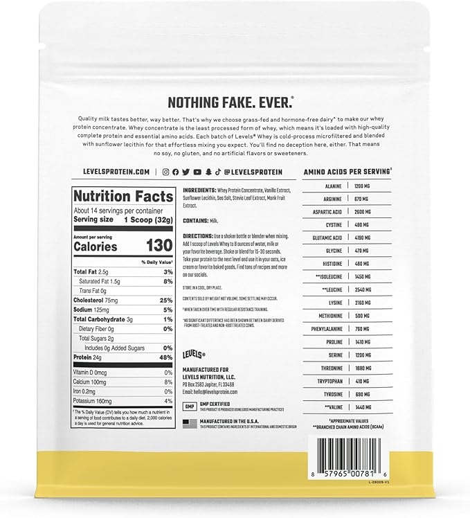 Levels Grass Fed Whey Protein Powder, No Artificials, 24G of Protein, Vanilla Bean, 1LB